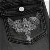 Womens Stradivarius Butterfly Embroidered Jeans Y2K Washed Low Rise Flare Leg Long