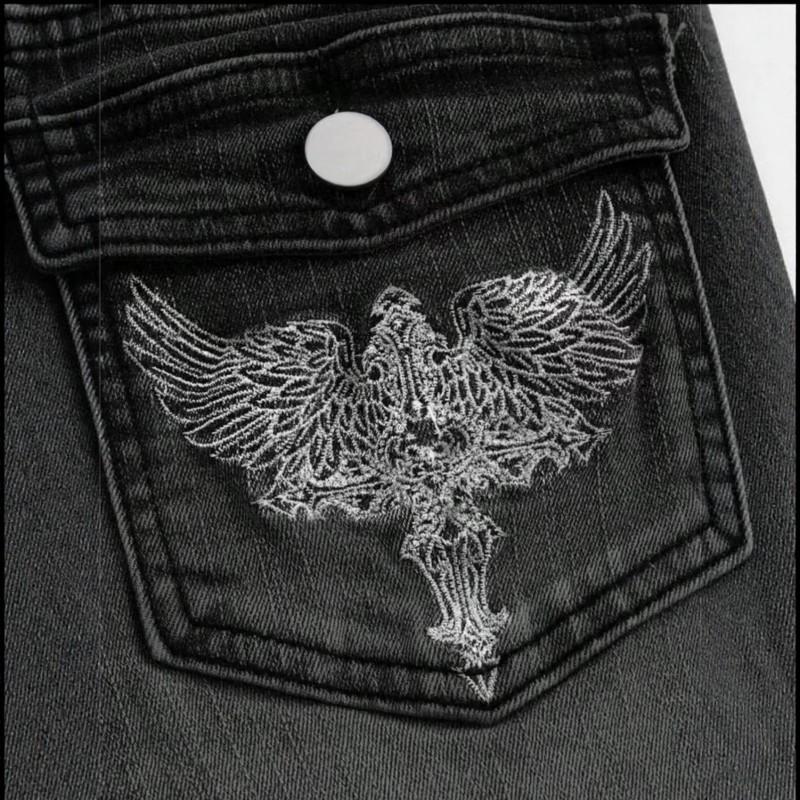 Womens Stradivarius Butterfly Embroidered Jeans Y2K Washed Low Rise Flare Leg Long