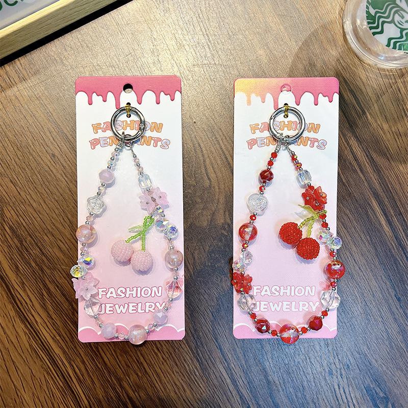 Cherry Beaded Mobile Phone Chain Crystal Bow Key Bag Lanyard Pearl Mobile Phone Lanyard