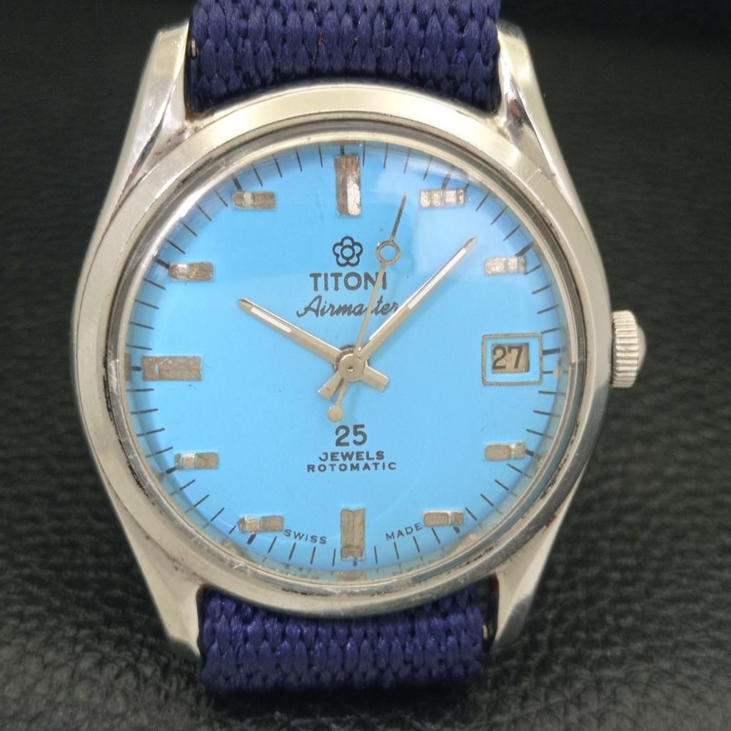 VINTAGE TITONI AIRMASTER ROTOMATIC SWISS MENS SKY BLUE DIAL WATCH a700140-5 R201-a700140