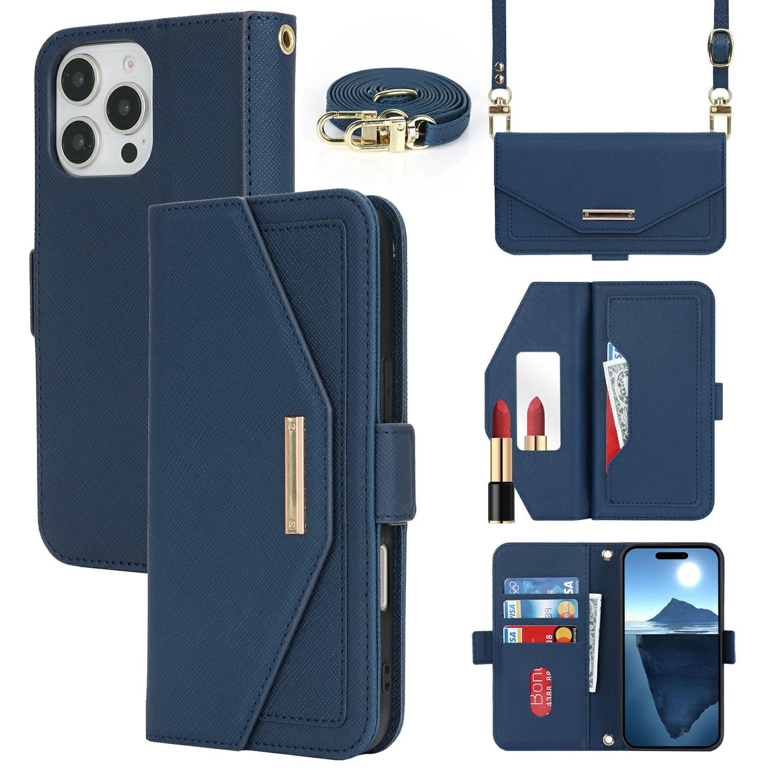 

For iPhone 16 Pro Max Stand Case Cross Texture PU Leather Wallet Phone Cover with Shoulder Strap/Makeup Mirror Blue