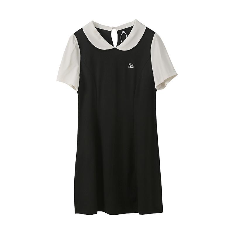 Large Size Women's Clothing Long and Short Contrasting Color Dress, Summer New Waist and Thin Small Black Dress 252498