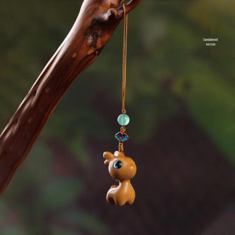 Carved Green Sandalwood Deer Pendant Keychain Accessory