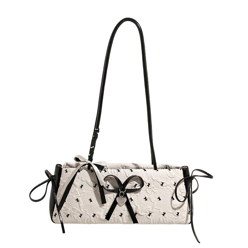 Black Pink Contrasting Color Bow Small Bag Women's 2025 Summer New Shoulder Underarm Bag Fashionable and Sweet Hand Bag