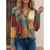 Women Fashion Casual Loose Printed Color Block V Neck Long Sleeve T Shirt Top