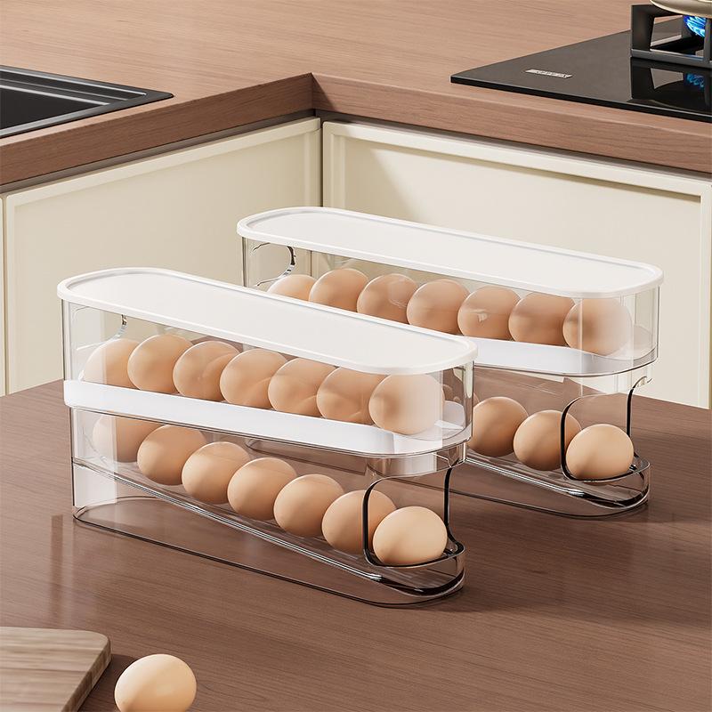 Automatic Rolling Egg Dispenser for Fridge 2-Tier Space-Saving Egg Holder Organizer Box Kitchen Storage Rack