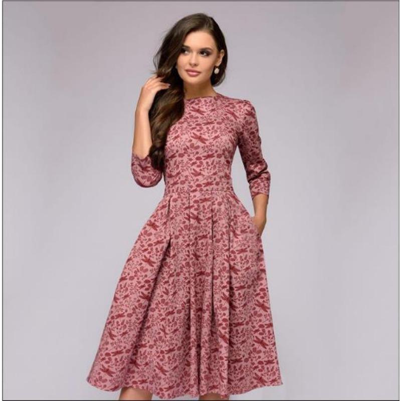

Женское платье А-силуэта, вечернее винтажное платье с цветочным узором, рукавами-семью точками и круглым вырезом XL розовый