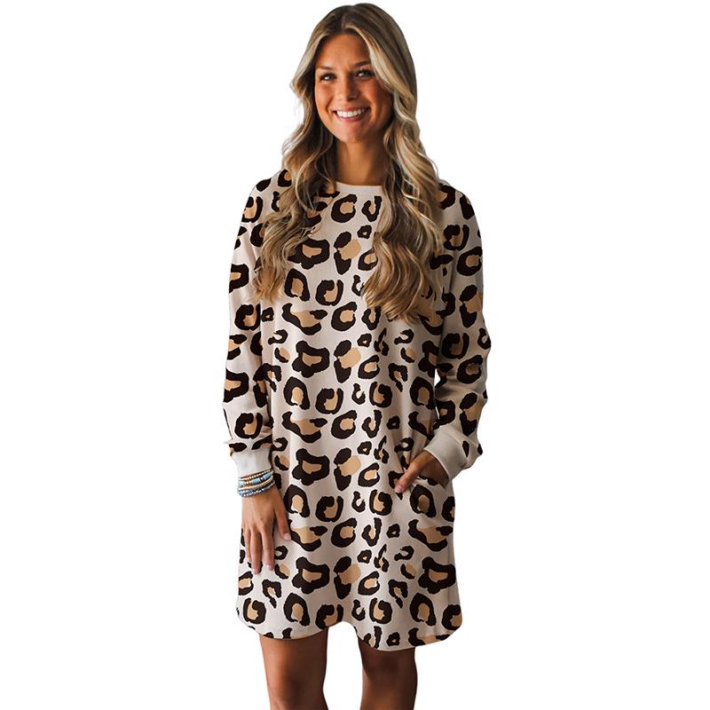

2025 Winter European & American Leopard Print Loose Casual Long Sleeve Dress with Pockets Extra Large (XL)