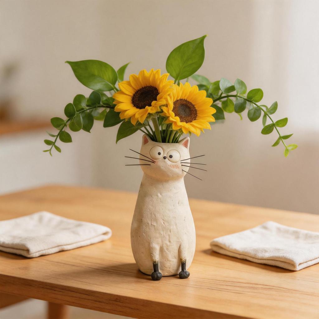 Cat Vase Resin Cat Desk Ornament Whimsical Vase for Bookshelf Mantel Entryway Living Room Dining Table Bedroom Office Balcony