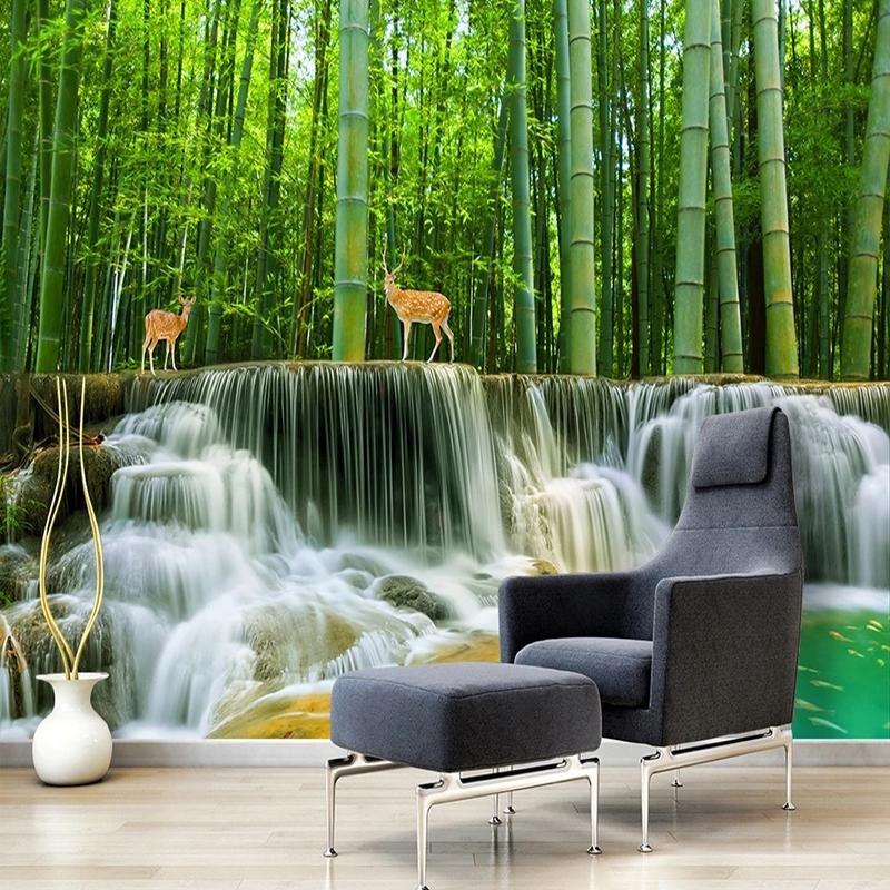 Custom Any Size Mural Wallpaper Bamboo Forest Waterfall 3D Scenery Wall Painting Living Room TV Sofa Bedroom Study 3D Wall Paper
