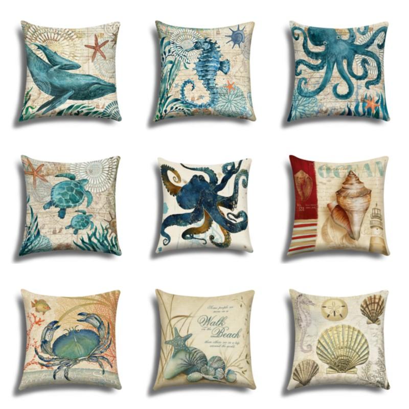 Linen Pillowcase, Marine Life Printing Cushion Cover 40x40 50x50 60x60, Suitable for Bed Car Sofa, Pattern Can Be Customized