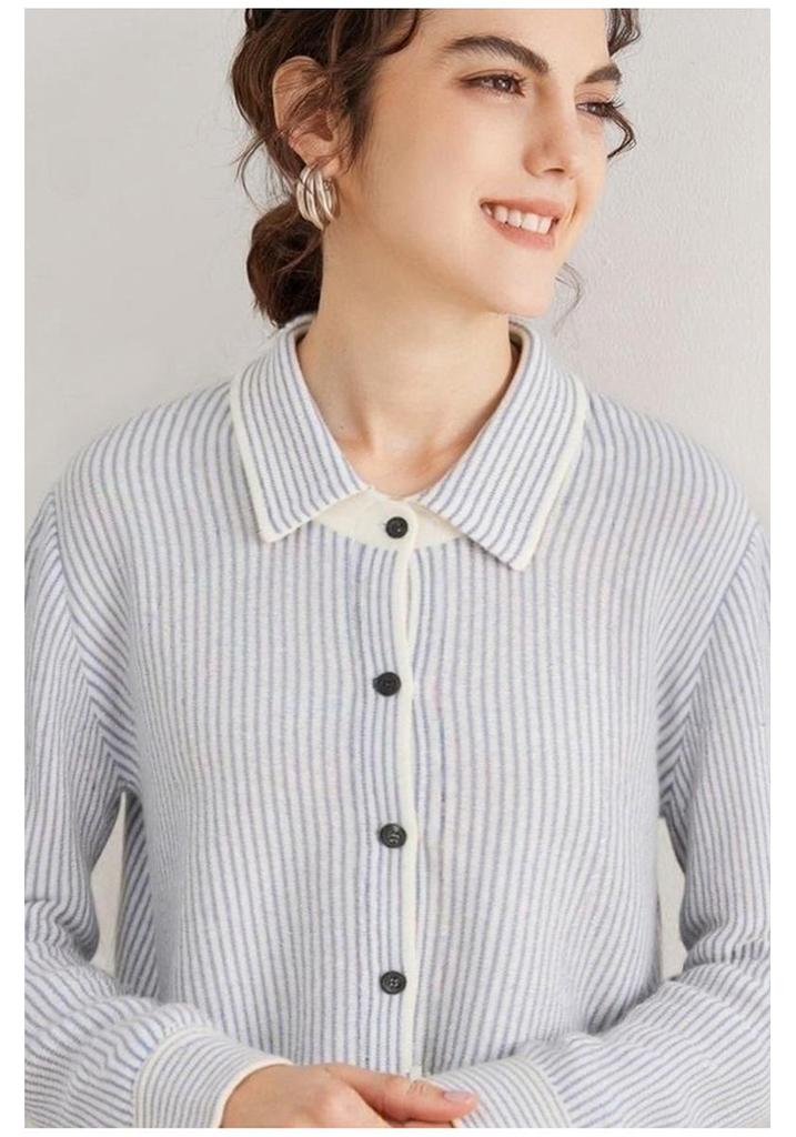 Women's Pure Cashmere Stripe Knit Polo Collar Cardigan Sweater - Autumn/Winter Long Sleeve