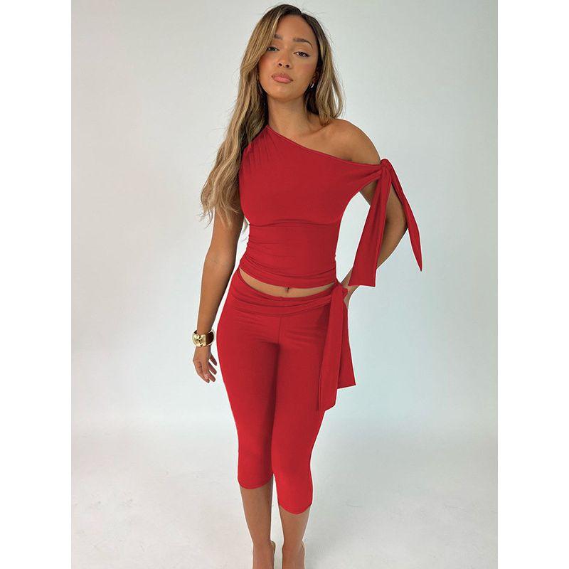 Slant Collar Top Slim Fit Pants Set Diagonal Collar Sexy Top Slim-Fit Pants Suit