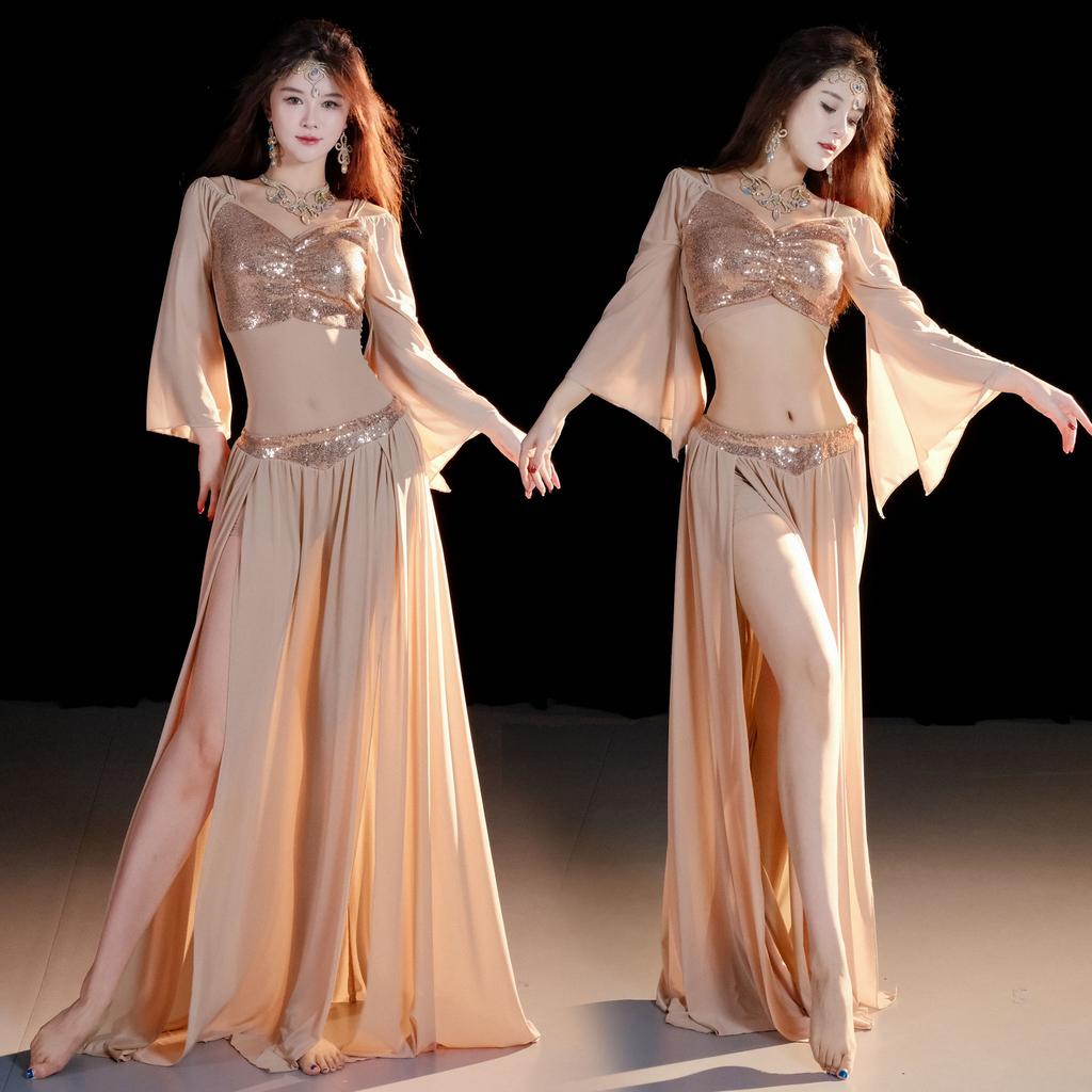 Women Belly Dance Costume Set Sequined Off Shoulder Long Sleeve Top Chiffon Split Skirt Oriental Dance Practice Outfit