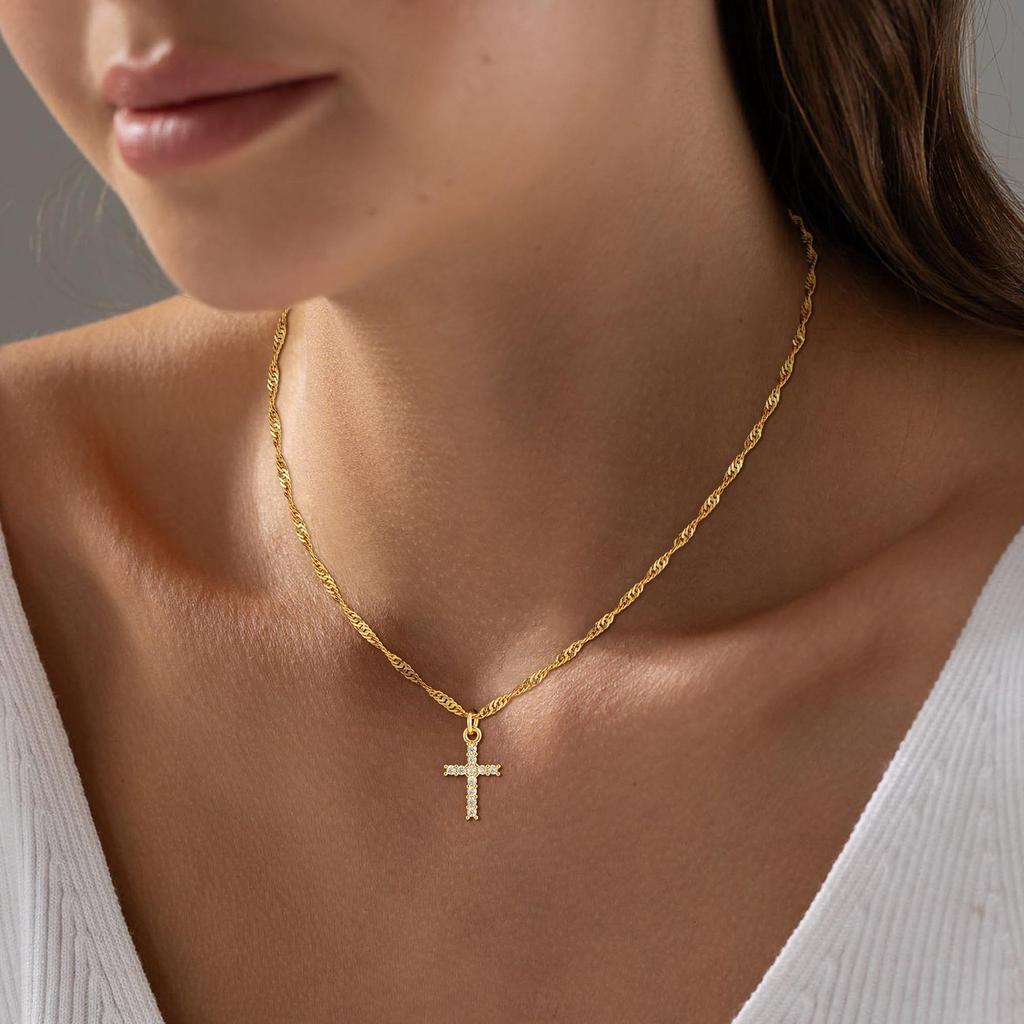 Eco-friendly Brass Cross Necklace - 18K Gold Water Wave Chain with Zircon Accents
