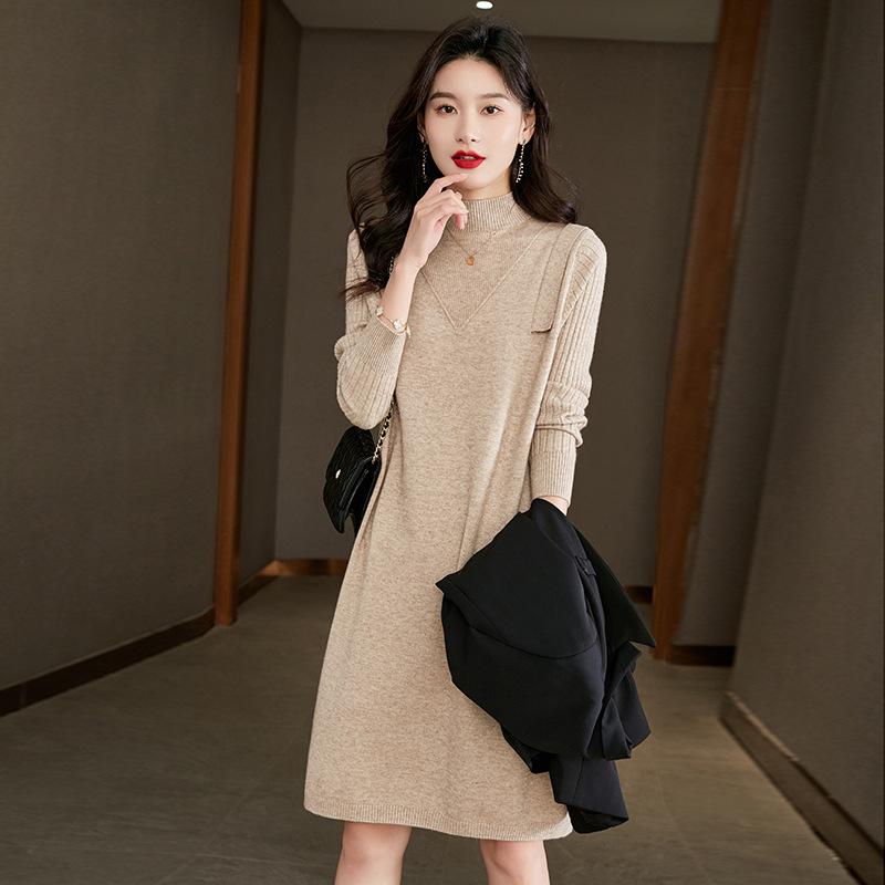 With coat sweater skirt women's autumn and winter wear knitted dress semi-turtleneck medium and long inner bottoming shirt