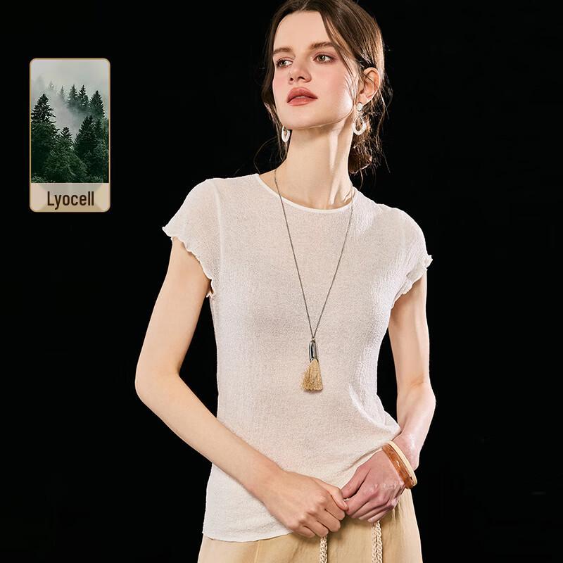 Wudao Women s Lyocell Tencel Lace Trim Short Sleeve T-Shirt грязно-белый