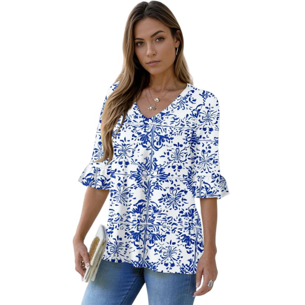 Women's Casual 3/4 Sleeve Tops V-Neck Sleeve T-Shirt Floral Print Tops