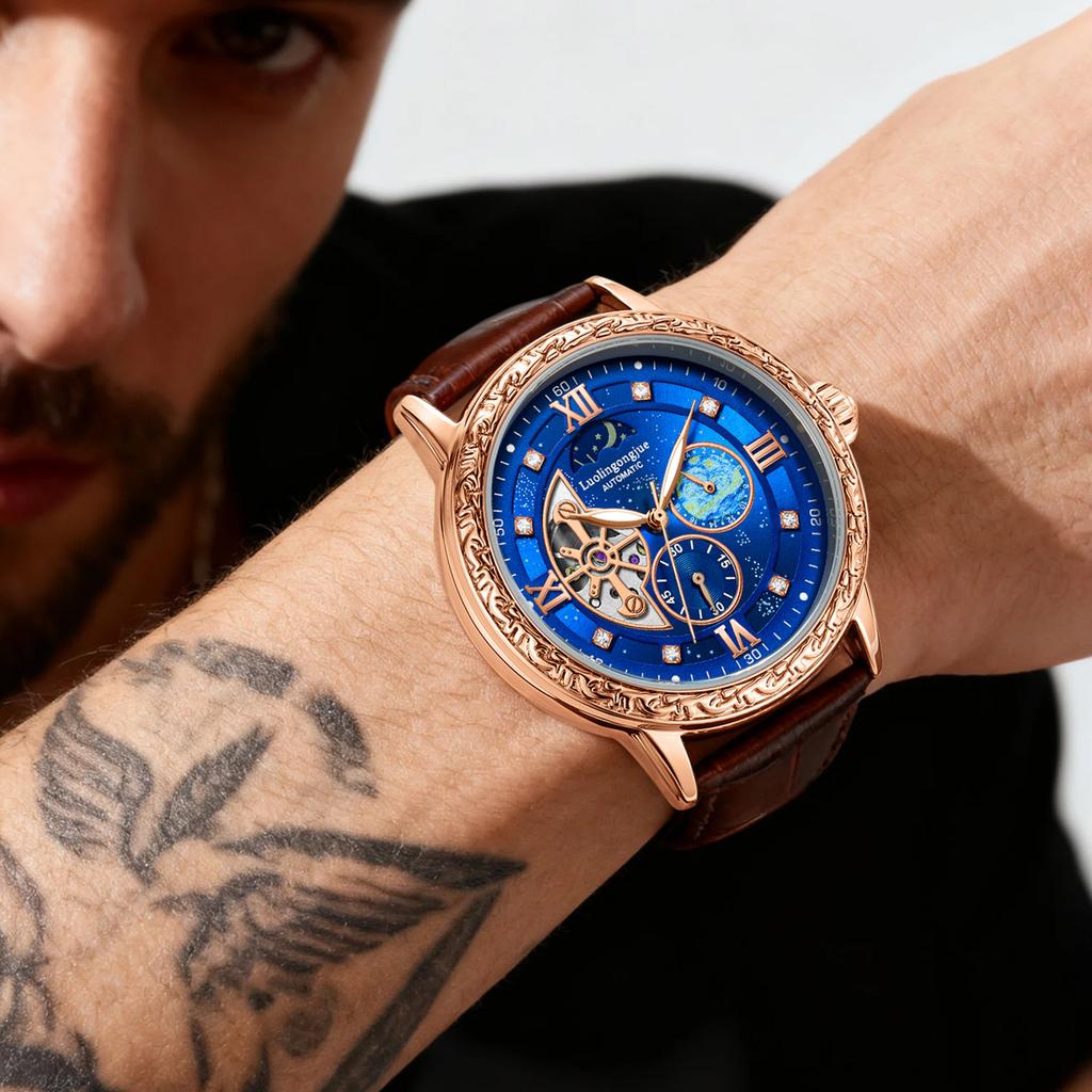 Montre Mécanique Automatique de Luxe pour Homme d'Affaires, avec un Design Squelette, Cadran Sculpté Rétro Élégant comme Cadeau Montres-Bracelets