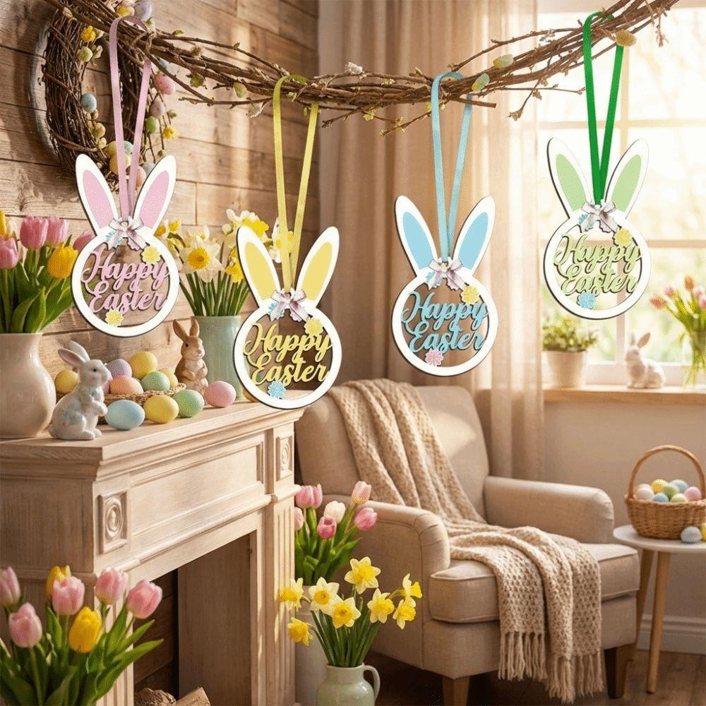 with Bows String Easter Tree Decor Flat Rabbit Hanging Ornaments  Home Party Decor