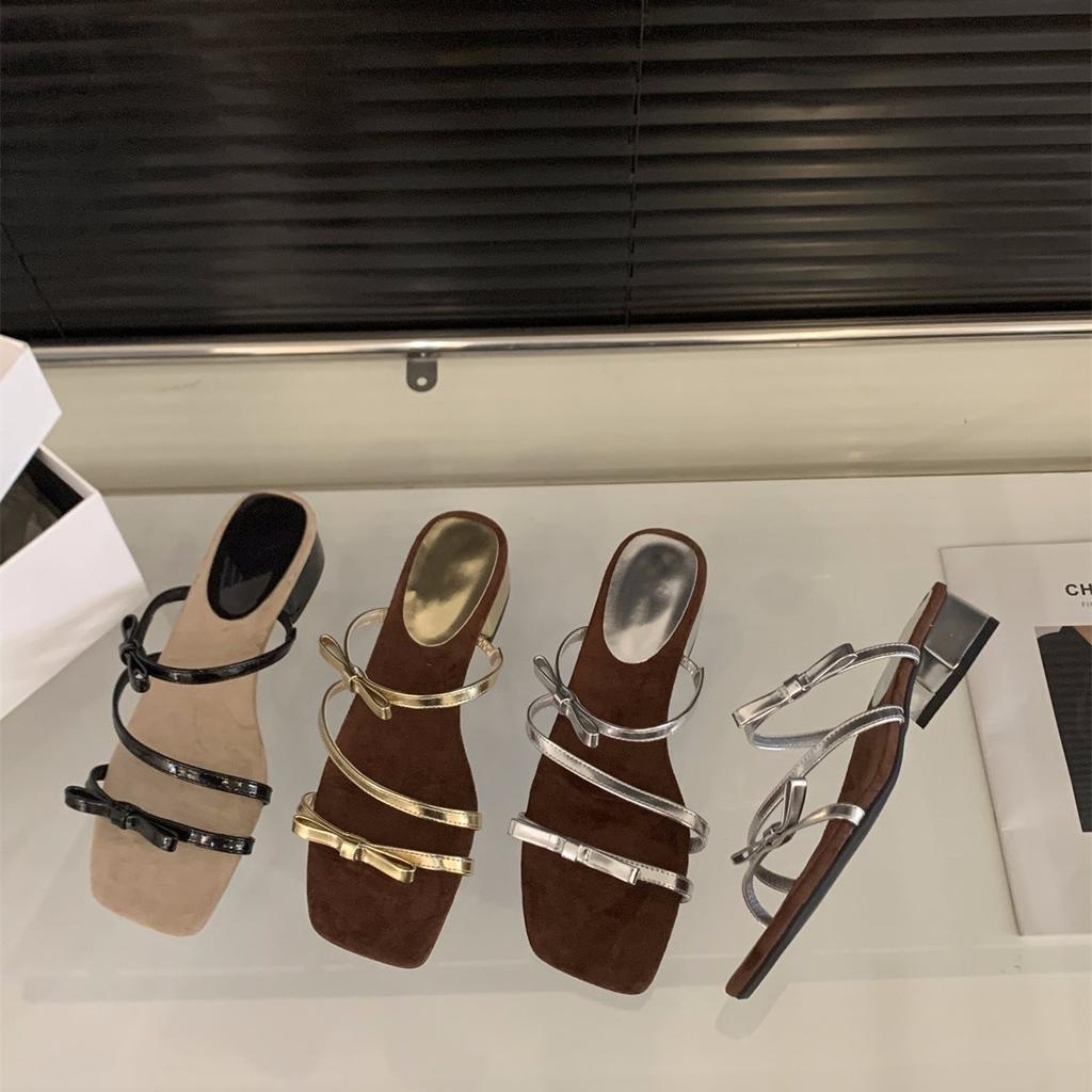 French small sandals thick heel temperament silver slippers fairy shoes outer wear 2025 summer with skirt strappy sandals