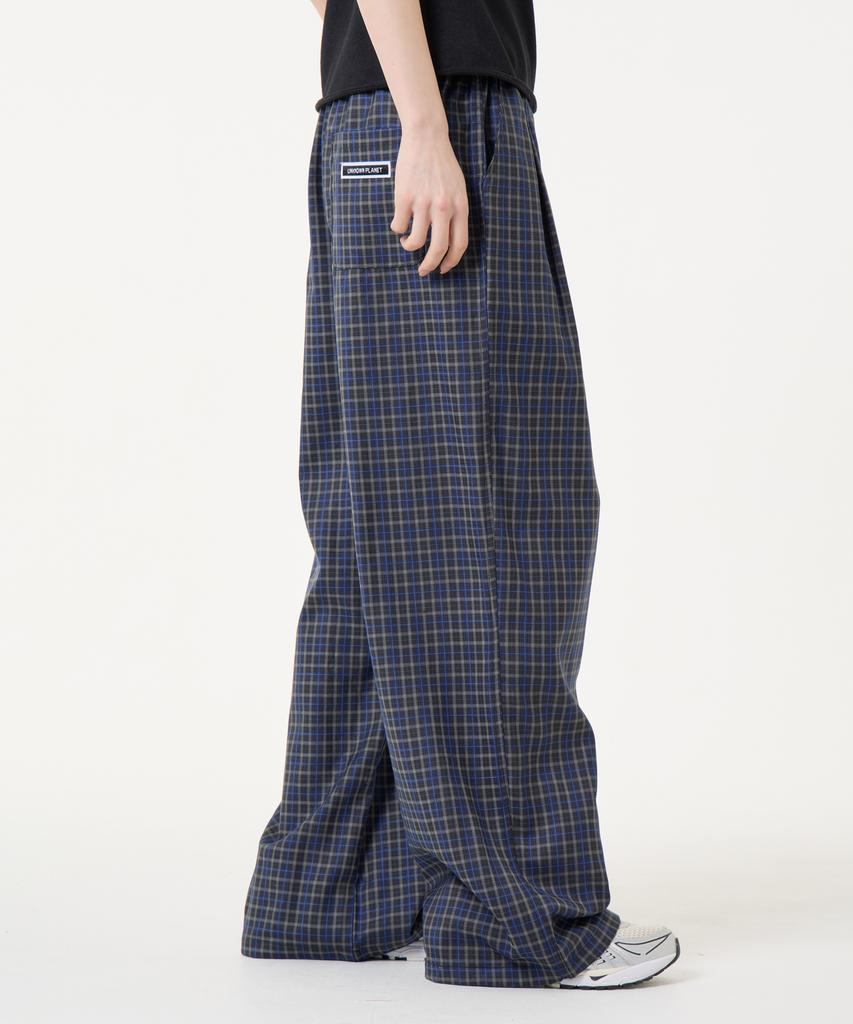 UNKNOWN PLANET Check Elastic Waist Slacks Pants Blue