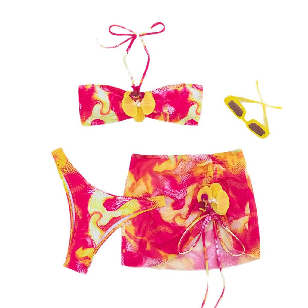 Popular Printed Tube Top Strap Split Three-Piece Set New European And American Bikini Women'S Swimsuit Swimsuit