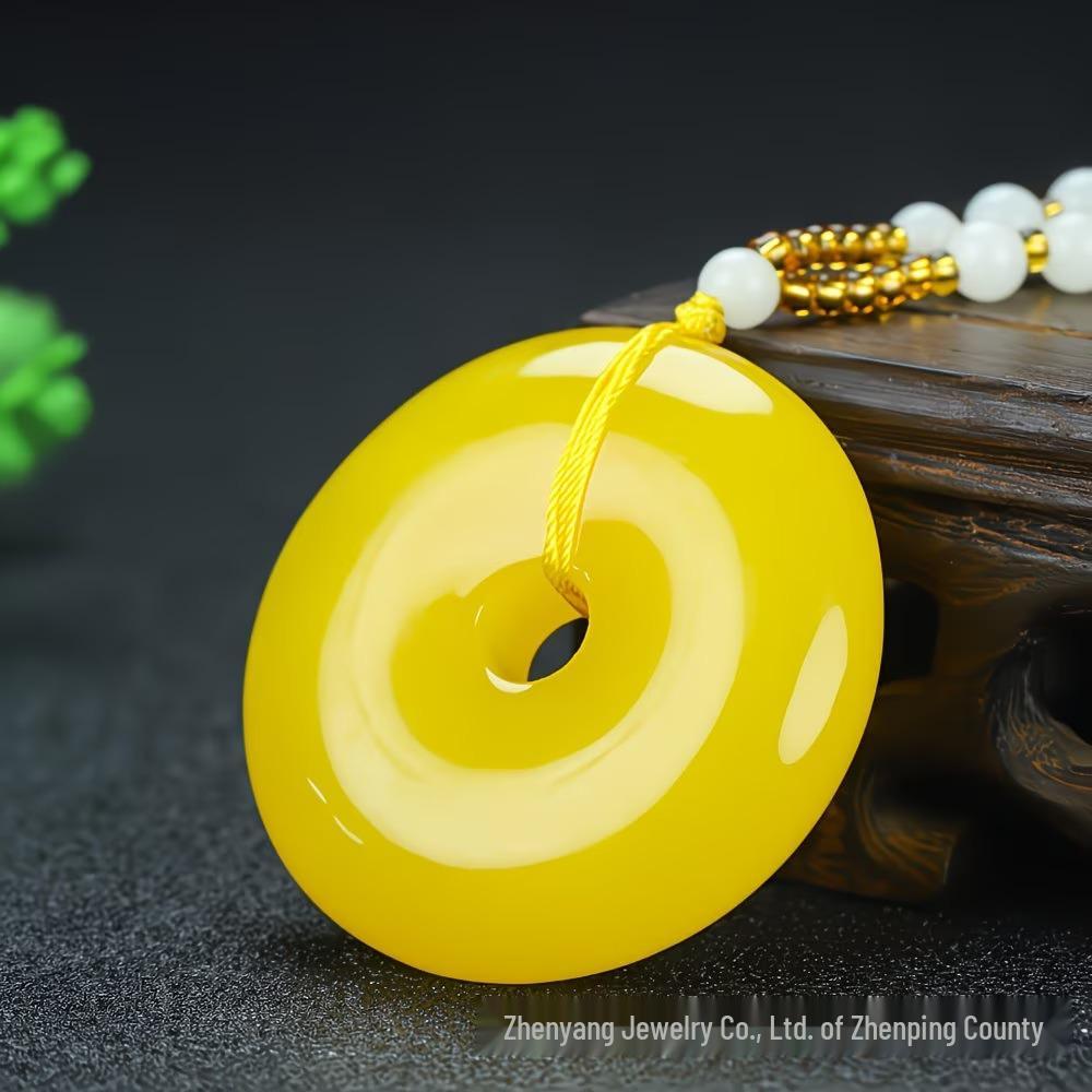 Live Beeswax Water Drop Pendant Necklace - Natural Chicken-Fat Yellow Peace Buckle (Ping'an Kou) Unisex Sweater Chain.