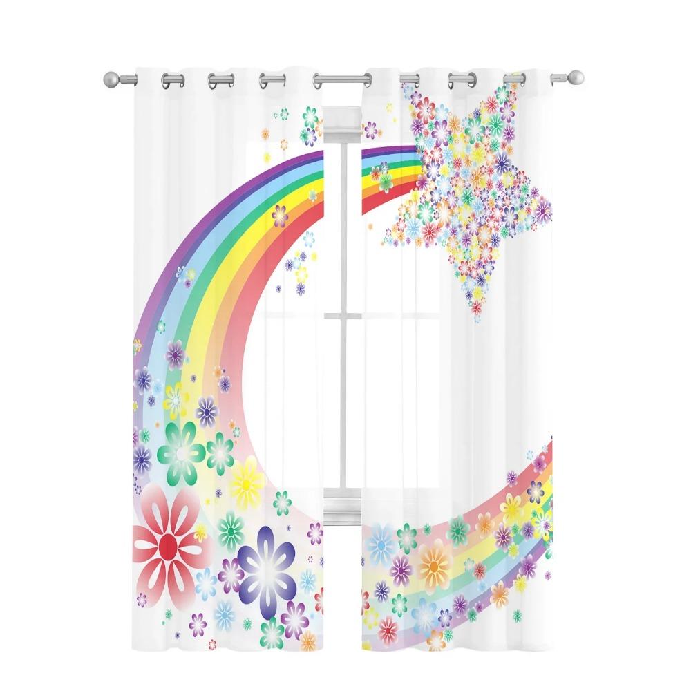 Cartoon Rainbow Star Flower Tulle Sheer Curtains for Living Room Decoration Window Curtain for Bedroom Voile Organza Drapes