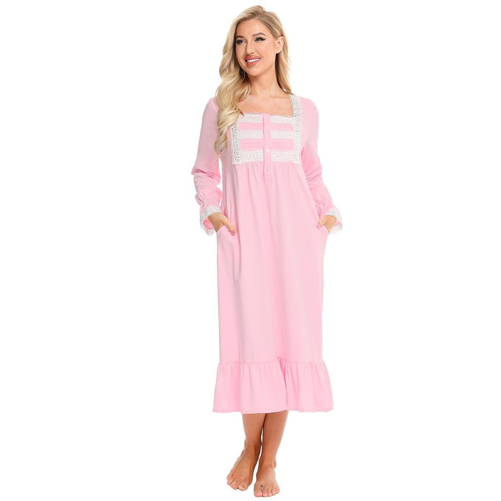 Camisón Victoriano para Mujer Tejido De Algodón Suave Manga Larga Henley Camisón Vintage Camisón De Salón con Adornos De Encaje Camisa para Dormir Camisón De Lactancia De Maternidad