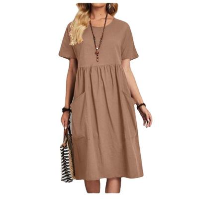 Lose Falten Lose Kurzarm Tasche Plissee Damen Hanf Rundhals Kleider Plus Größe