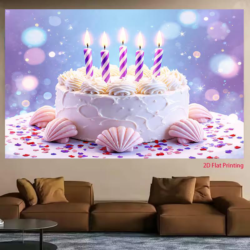 

2D Under The Sea Birthday Backdrop, Purple Cake with Candles Photography Banner 47.2x31.5inch/120*80cm