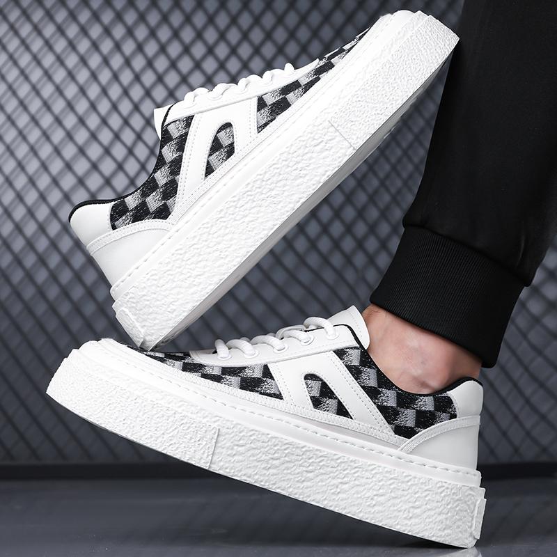 Fashion Height - increasing Round Toe Thick Sole Breathable Checkered Thin Laces Non - slip Casual Sneakers  Men's Shoes Lace-up