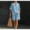 Damen Lässiges V-Ausschnitt Kurzarm Top & Weite Hosen Zweiteiliges Set, Lockeres Entspanntes Outfit für den Sommer