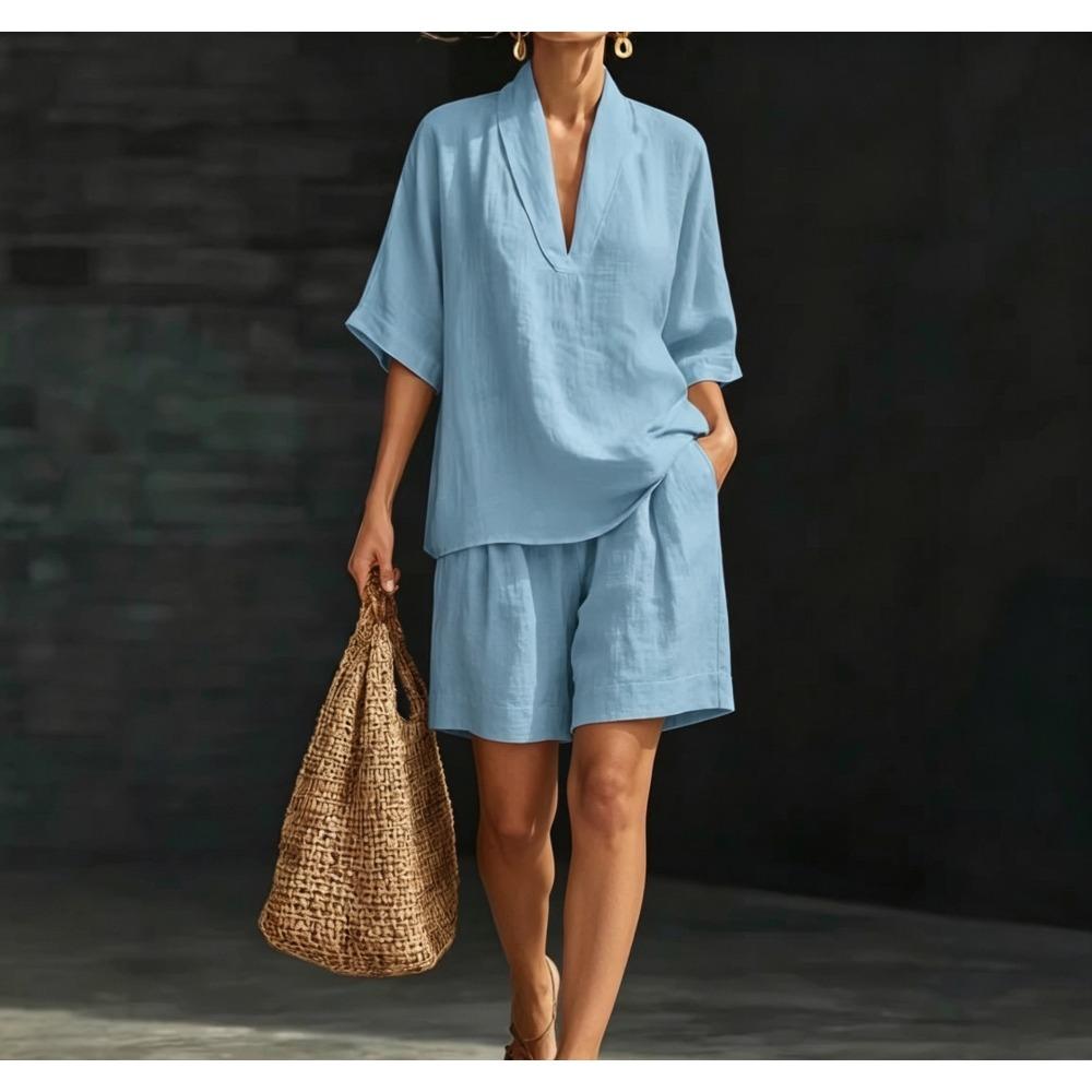Damen Lässiges V-Ausschnitt Kurzarm Top & Weite Hosen Zweiteiliges Set, Lockeres Entspanntes Outfit für den Sommer