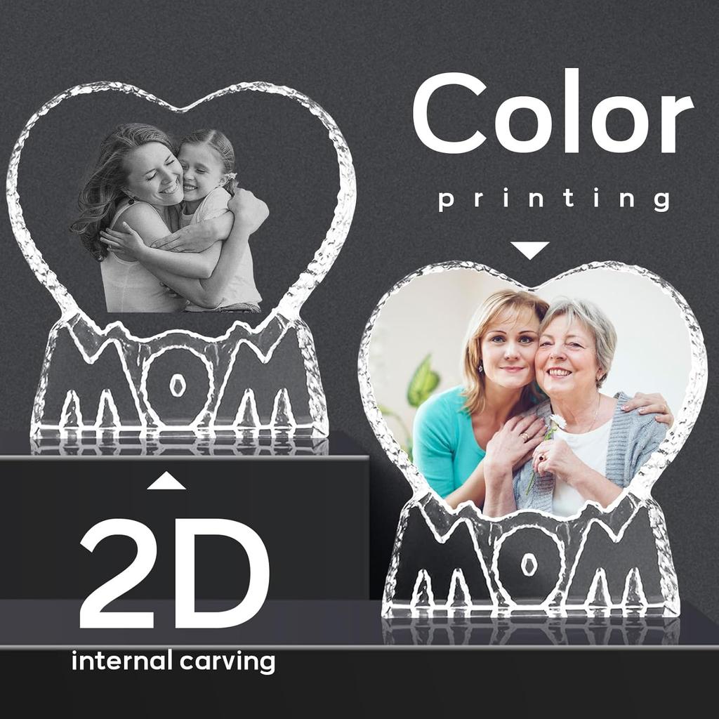 Custom 3D Crystal Photo, Personalized 3D Crystal Night Light Heart-shaped Photo Frame, Best Gift for Couple Love Women Men Wedding (MOM)
