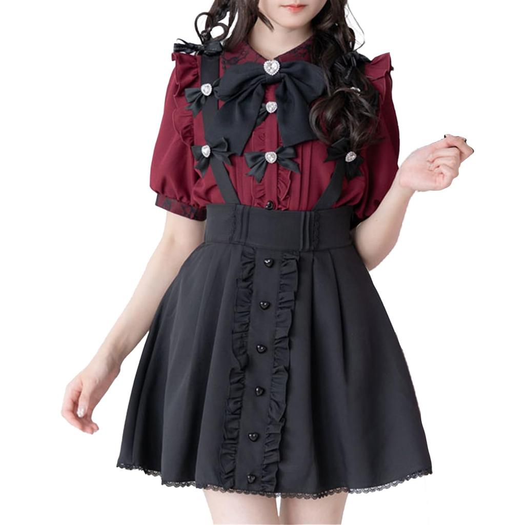[Yumetembo] Mass-produced Landmine Style Clothing [Dear My Love] Skirt with Ribbon and Suspension, Women's, 534684, All Black, Yumetenbo
