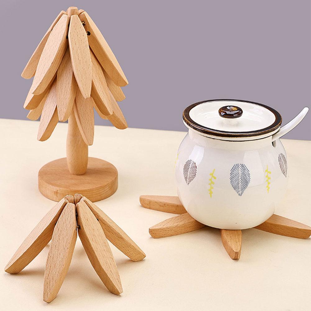 1SET Wooden Trivets for Hot Dishes Folding Tree Shape Black Walnut Table Mat Holders Heat Insulated Pad Set Coasters for Pots