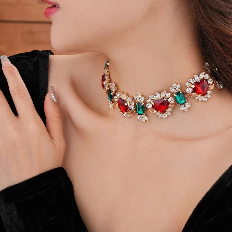 DREJEW 2025 Zircon Heart Pendant Earrings Necklace Exaggerated Retro Light Luxury Jewelry Set for Women Wholesale
