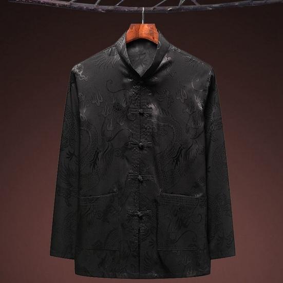 Men Top Chinese Style Stand Collar Single-breasted Solid Color Dragon Pattern Loose Pockets Long Sleeve Mid-aged Elderly Men Shirt