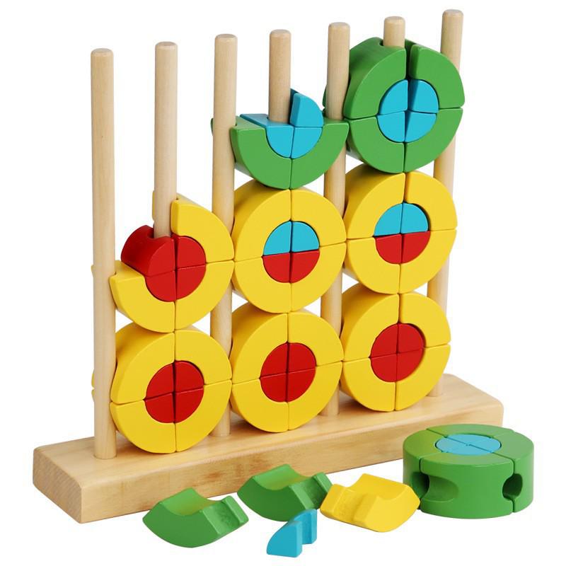 Rainbow Stackable Wooden Geometric Shapes - Baby Educational Toy Rings