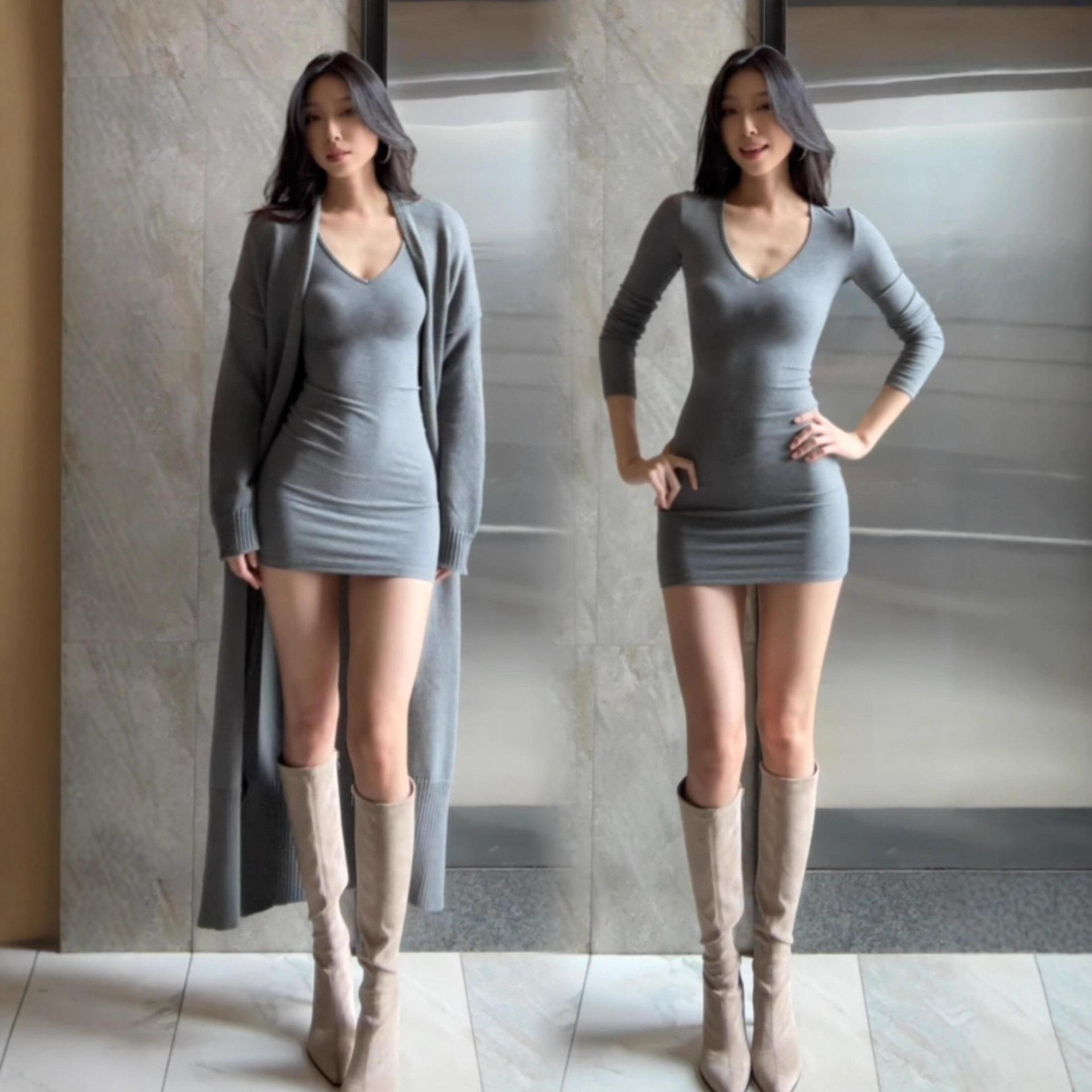 

Autumn and winter V-neck hip-wrapped knitted skirt, early autumn new high-elastic V-neck shows clavicle, waist and hip lift, commute dating S