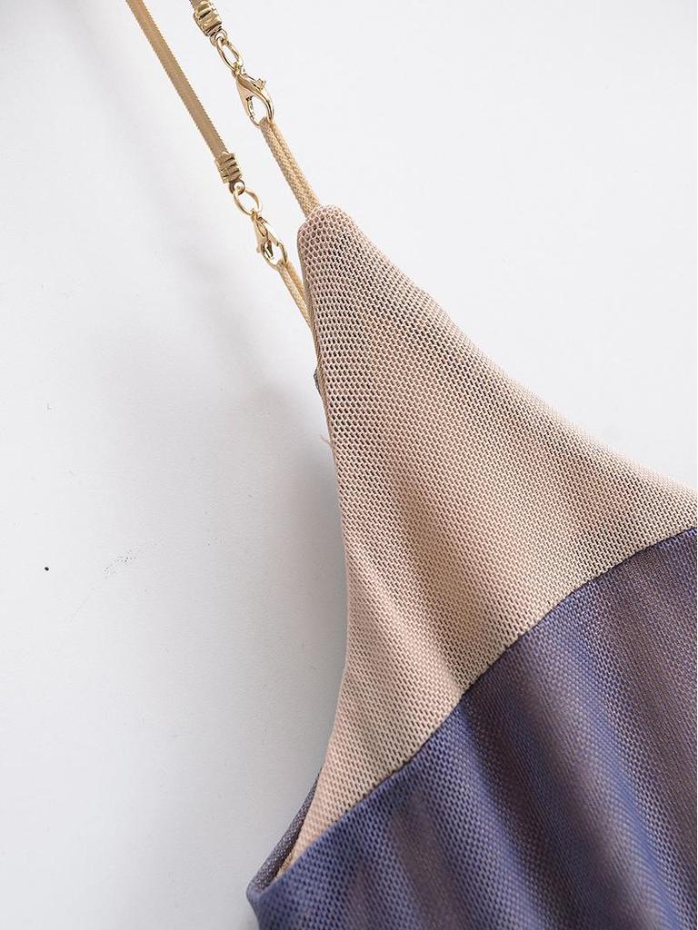 French Elegant Color Block Pleated Off-Shoulder Slip Dress for Women - 2025 Vacation Style