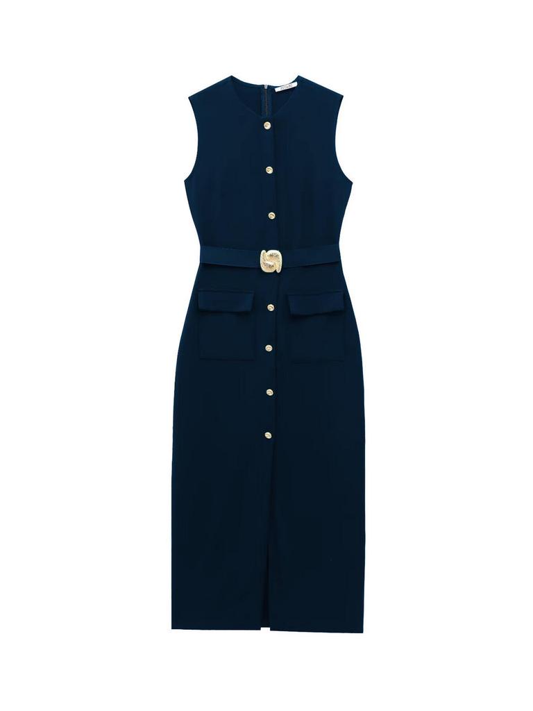 Women's European and American Style Sleeveless Midi Dress with Belt - Sexy Crew Neck for Spring