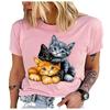 Women's Polyester 100% Cute Three Cats Print T-shirt Loose Round Neck Casual Short Sleeve Fashion Top Wholesale Clothing Summer