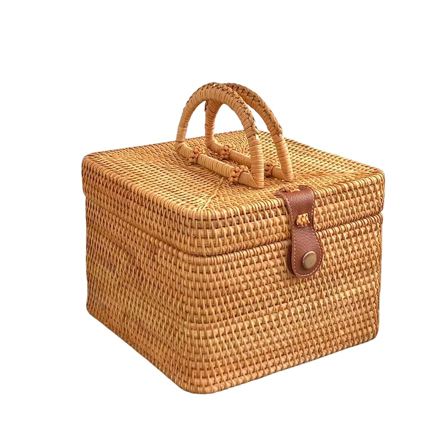 Rattan Basket with Lid, Picnic Basket, British Style, Square, Ata Bag, Storage Basket, Stylish Rattan Bag, Handmade in Vietnam, Natural Design,