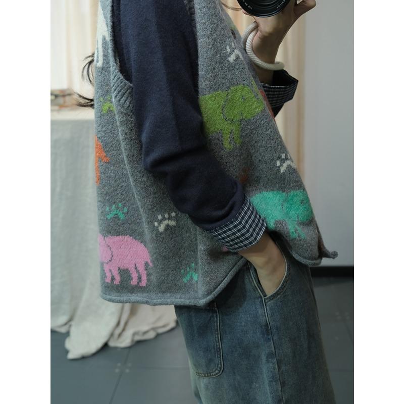 Dimanaf 2025 Women Sleeveless Buttons Autumn Vest Sweaters Style Printing  Knitting Casual Loose Sweater