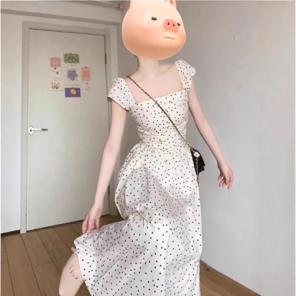 2025 Summer French Polka Dot Puff Sleeve Square Neck Long Dress for Women