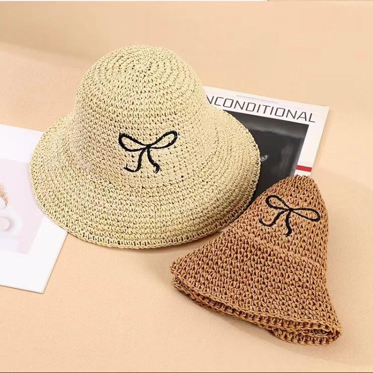 Sweet bow embroidered straw hat women's seaside vacation fisherman's hat children's summer hollow breathable straw visor