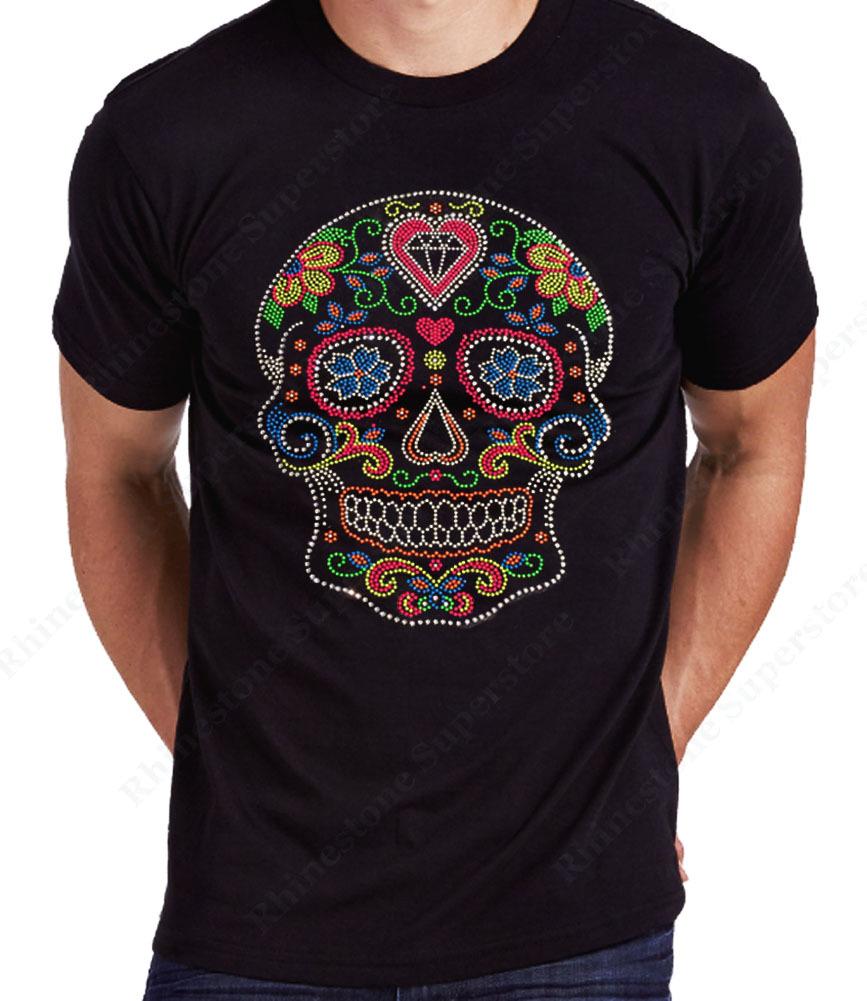 Men s Rhinestone T-Shirt   Colorful Neon Sugar Skull   in Sm to 3X - Unisex S разноцветный